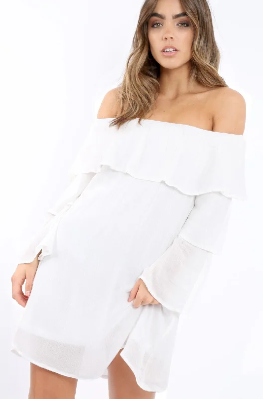 Affordable work dresses for professional women -White Bardot Frill Shift Dress - Lucina