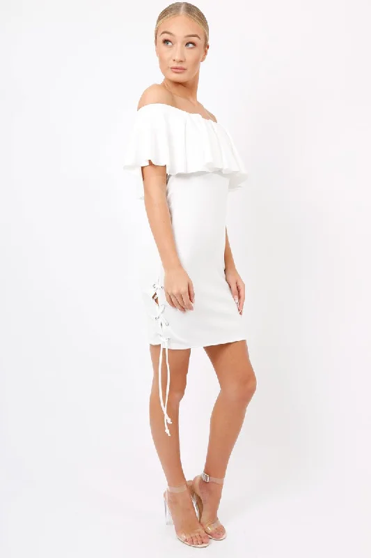 Boho style dresses for spring and summer -White Bardot Tie Up Eyelet Dress - Myra