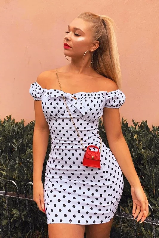 Buy stylish maxi dresses for women -White Black Polka Bardot Milkmaid Dress - Roya