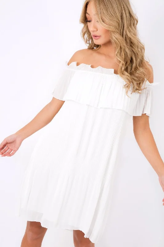 Elegant evening dresses for weddings -White Crinkle Bardot Ruffle Trim Dress - Kelsey