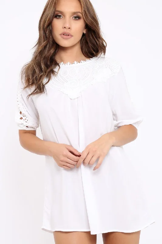 Dresses for women with slim figures -White Crochet Shift Dress - Tarria