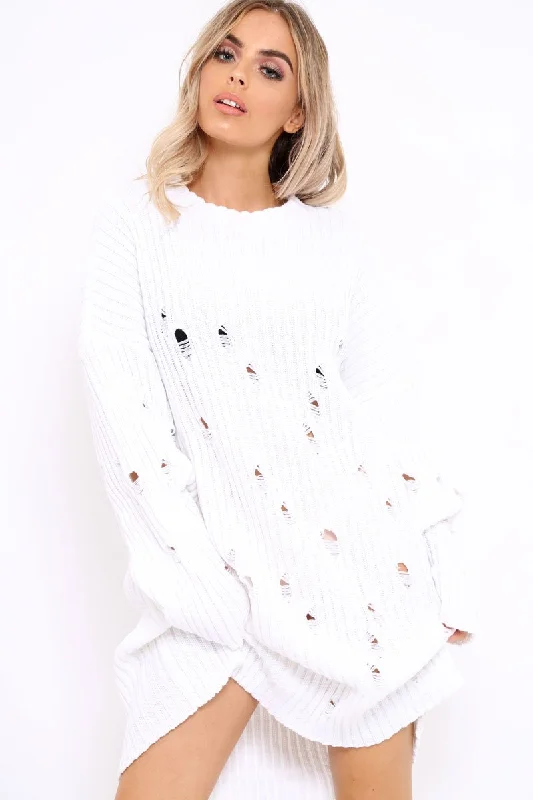 Trendy dresses for bridesmaids -White Distressed Cable Knit Jumper Dress - Abea