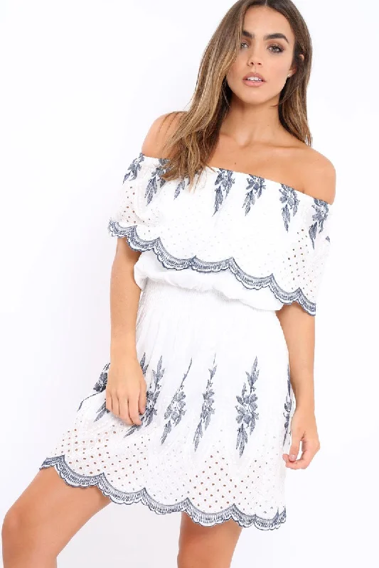 Short dresses for women for date night -White Embroidered Bardot Dress - Lottie