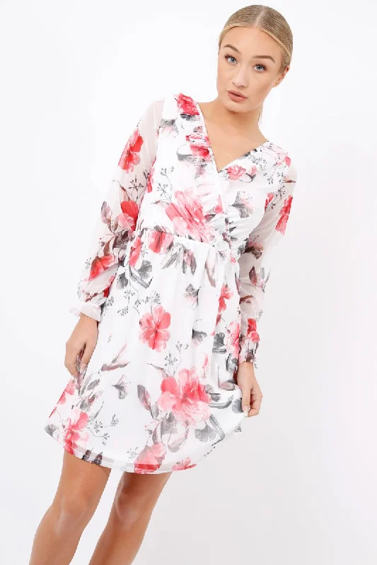 Comfortable casual dresses for everyday wear -White Floral Lace Frill Dress - Fluer