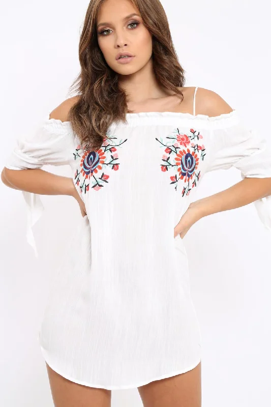 Dresses for women with slim figures -White Flower Embroidered Shift Dress - Isolde