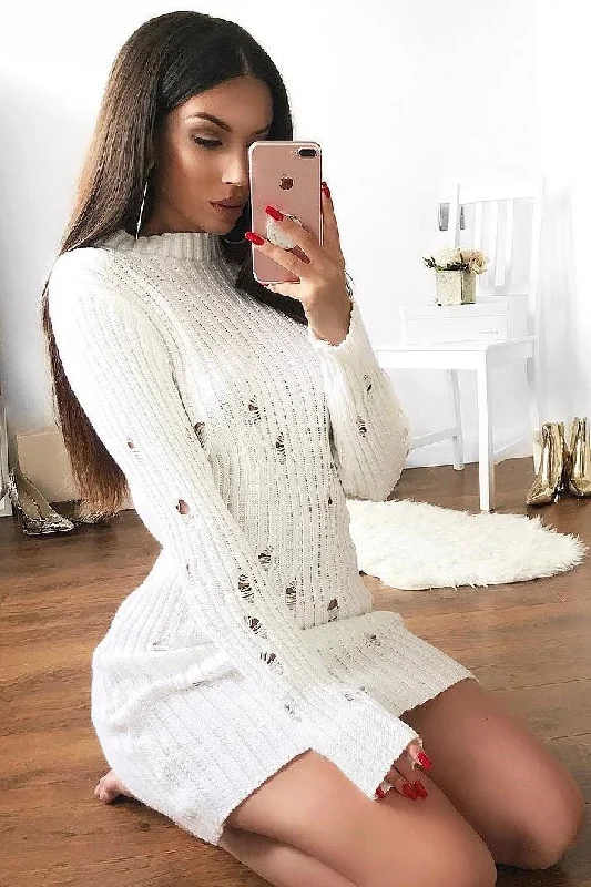 Flattering dresses for hourglass figure -White Knit Distressed Jumper Dress - Cheryl