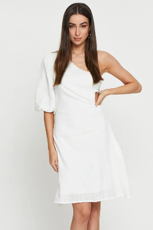 Mini dresses with side slits for added allure -White Midi Dress One Shoulder