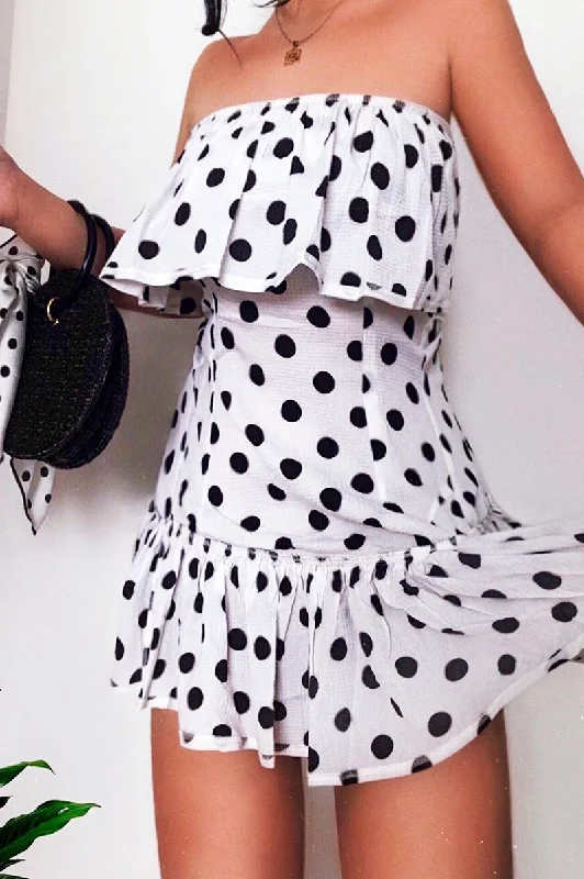 Elegant evening dresses for prom -White Polka Dot Bardot Frill Dress - Izadora