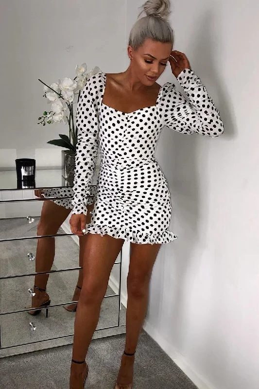 Vintage inspired dresses for women -White Polka Dot Ruched Milkmaid Dress - Neave