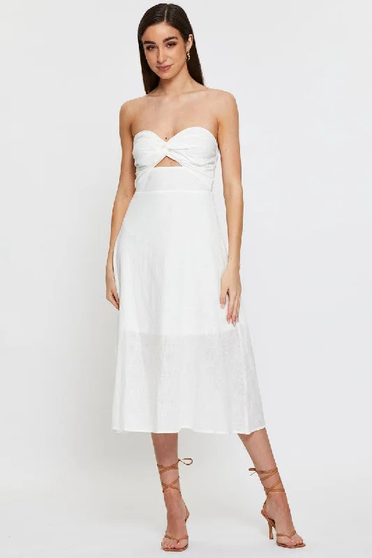 Bandeau mini dresses for a strapless option -White Twist Front Bardot Midi Dress