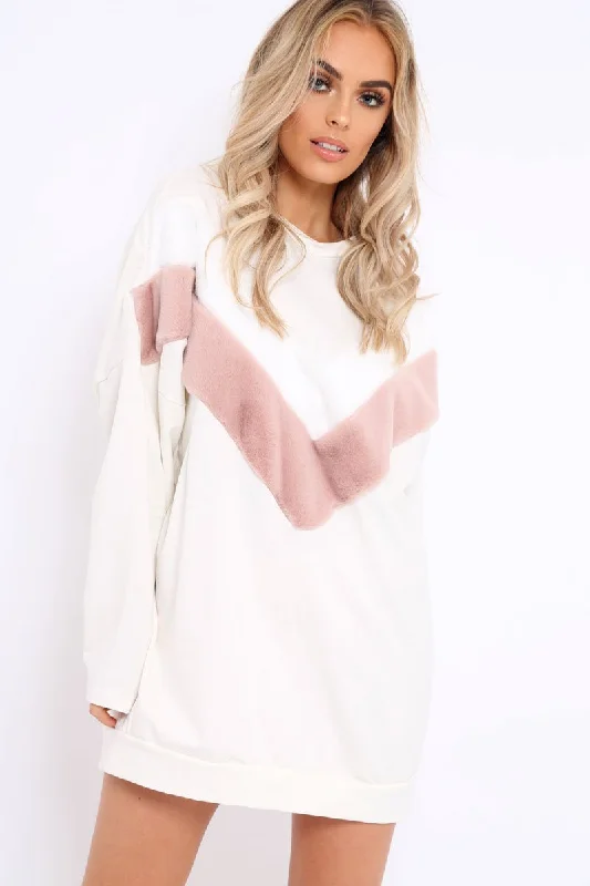 Comfortable dresses for casual outings -White with Rose and White Chevron Fur Jumper Dress- Lula