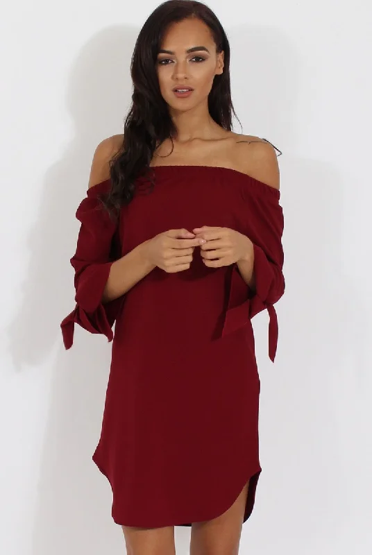 Plus-size dresses for formal occasions -Wine Bardot Tie Cuffs Dress - Whitney