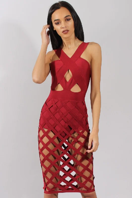 Shop mini dresses for summer parties -Wine Cage Bandage Dress - Amra