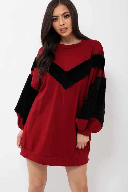Shop dresses for cocktail parties -Wine Chevron Fur Jumper Dress - Esme