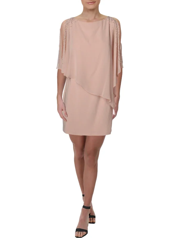 Mini dresses with asymmetrical neckline for a unique design -Womens Chiffon Embellished Capelet Dress