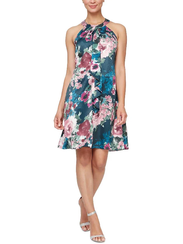 A-line mini dresses for a comfortable and classic silhouette -Womens Floral Knee Halter Dress A-line mini dresses for a comfortable and classic silhouette -Womens Floral Knee Halter Dress