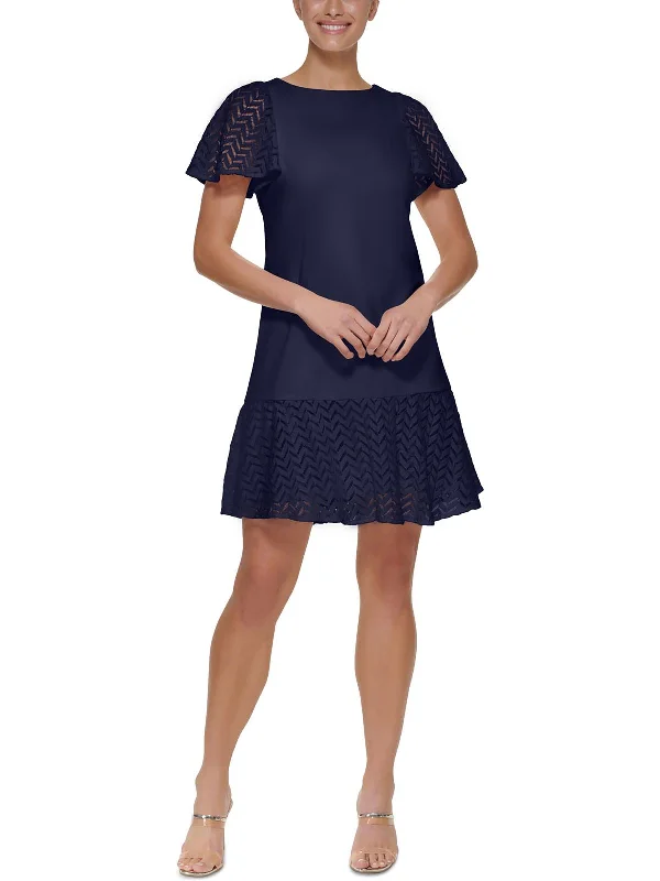 Kimono sleeve mini dresses for a flowy silhouette -Womens Lace Trim Above Knee Shift Dress Kimono sleeve mini dresses for a flowy silhouette -Womens Lace Trim Above Knee Shift Dress