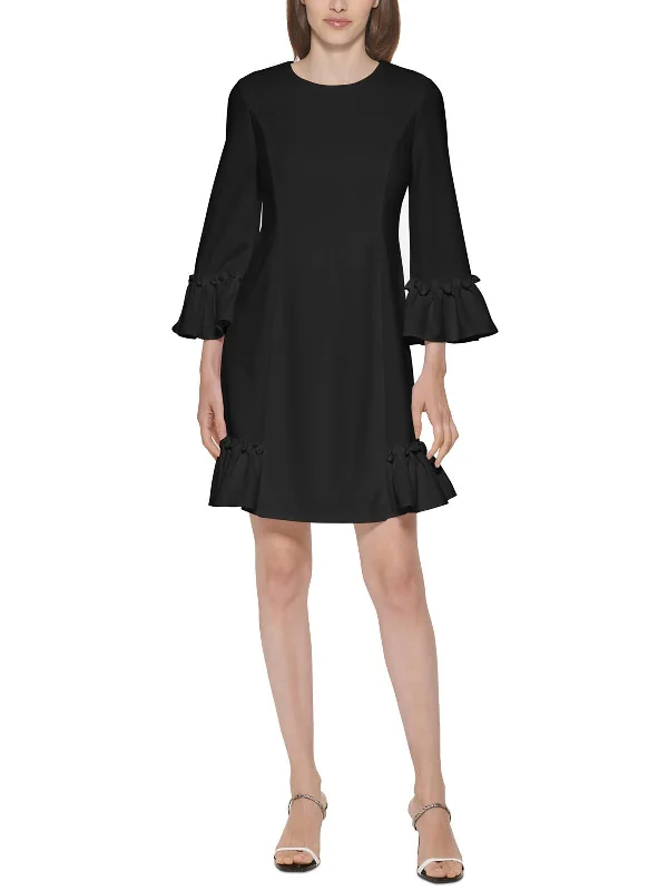 Cropped sleeve mini dresses for versatile wear -Womens Ruffled Above Knee Shift Dress Cropped sleeve mini dresses for versatile wear -Womens Ruffled Above Knee Shift Dress
