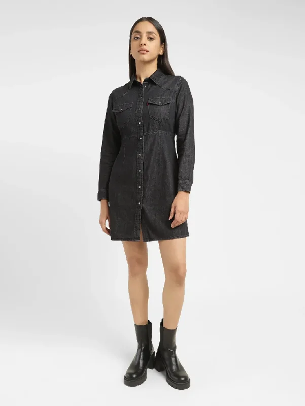 Shop mini dresses for summer parties -Women's Solid Black Spread Collar Dress