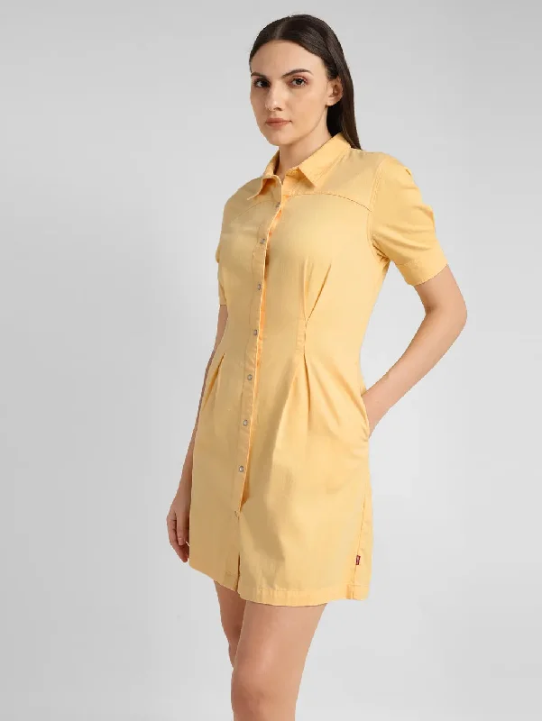 Dresses for women with big busts -Women's Solid Yellow Spread Collar Dress