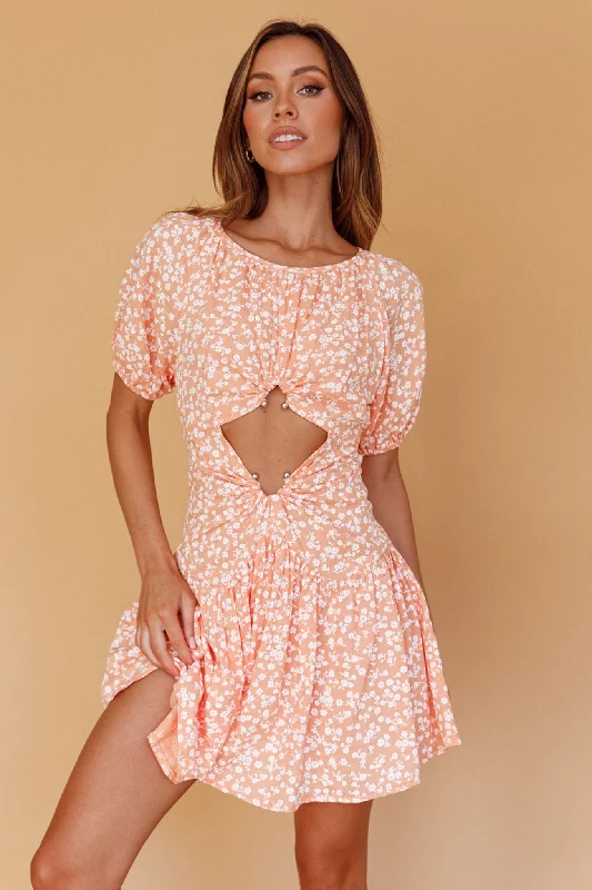 Shop dresses for cocktail parties -Your Moment Cut-Out Waist Dress Floral Orange