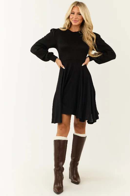 Flare dresses with peplum details for a stylish flair -Black Hacci Knit Long Sleeve Flared Swing Dress Flare dresses with peplum details for a stylish flair -Black Hacci Knit Long Sleeve Flared Swing Dress