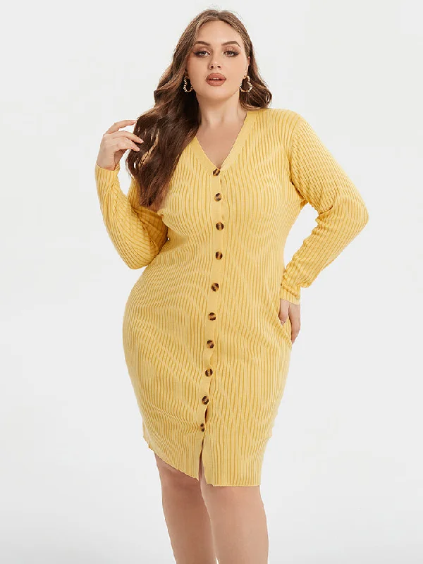 Women's bodycon dresses for autumn-V-Neck Button Front Bodycon Knit Dress