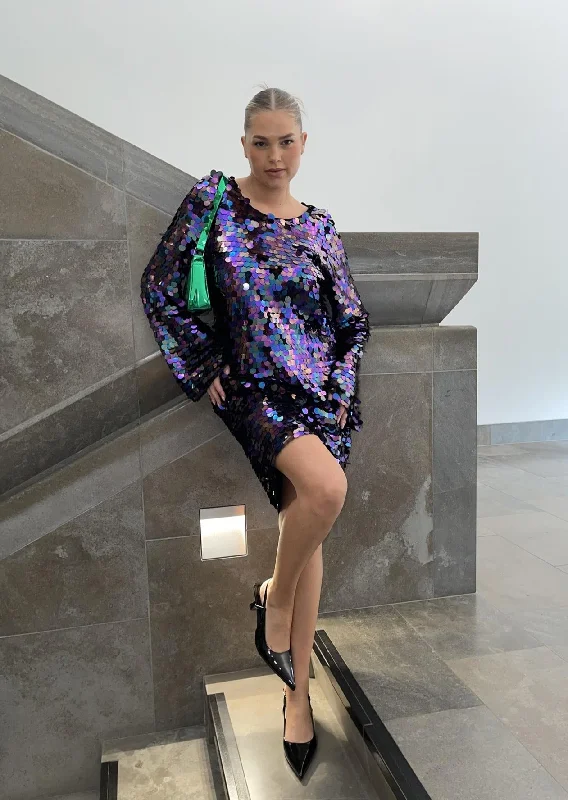 Flare dresses with crossover designs for a stylish twist -Curve Mackenzie Flared Sleeve Sequin Mini-Dress - Petrol Mix Flare dresses with crossover designs for a stylish twist -Curve Mackenzie Flared Sleeve Sequin Mini-Dress - Petrol Mix
