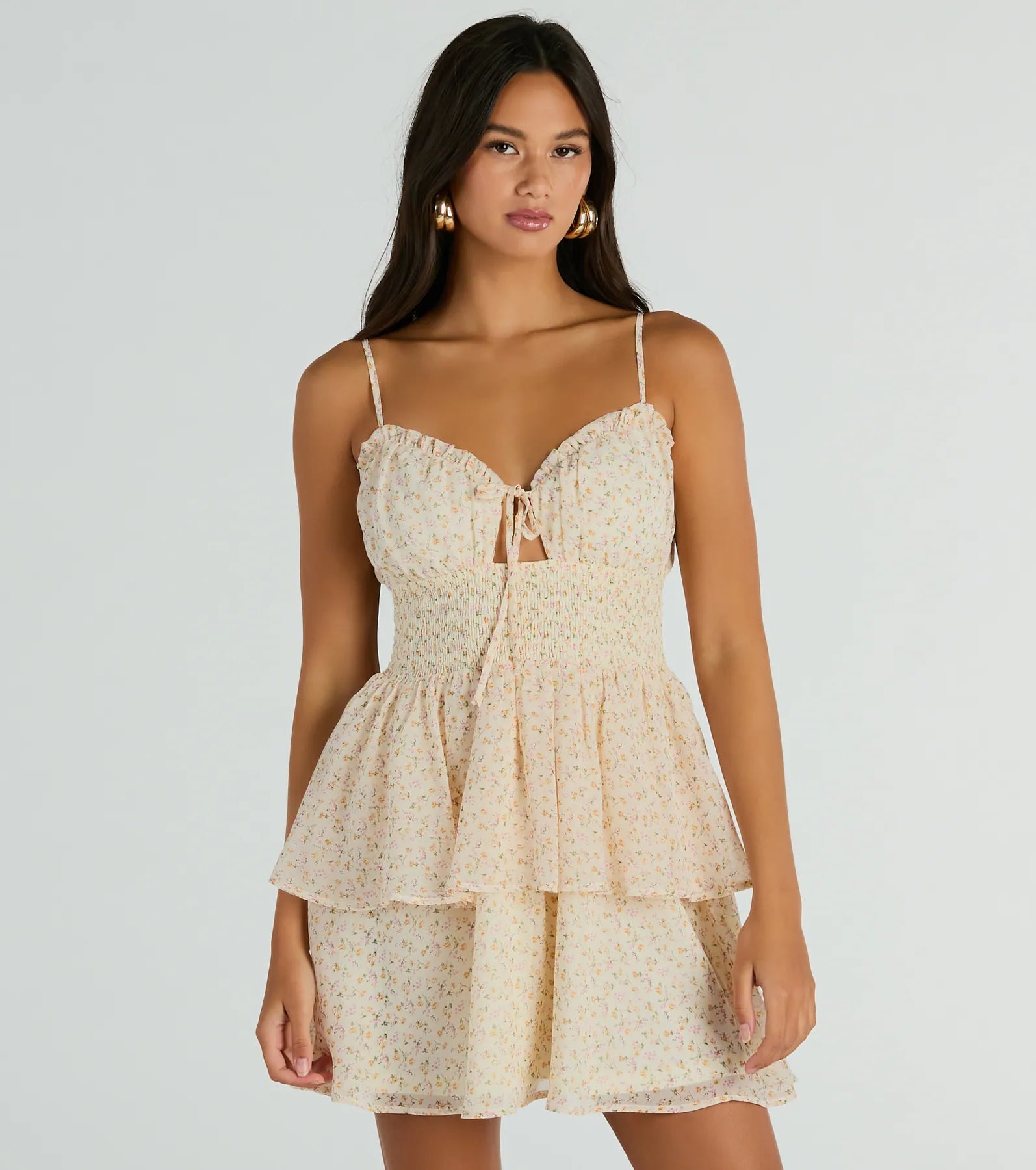 Flare dresses with tie-back designs for adjustable fit -Daytime Cheer Fit And Flare Ruffle Floral Dress Flare dresses with tie-back designs for adjustable fit -Daytime Cheer Fit And Flare Ruffle Floral Dress