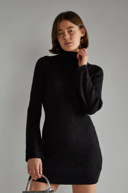 Flare dresses with floral patterns for spring -Black Flared Sleeve Knitted Mini-Dress Flare dresses with floral patterns for spring -Black Flared Sleeve Knitted Mini-Dress