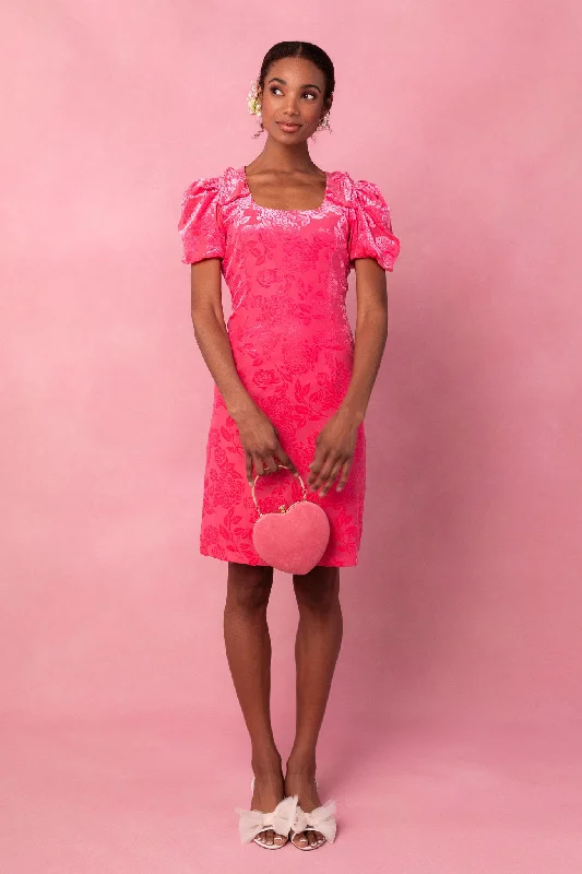 Long-sleeve flare dresses for cooler weather -Nina Bow Dress in Pink Velvet