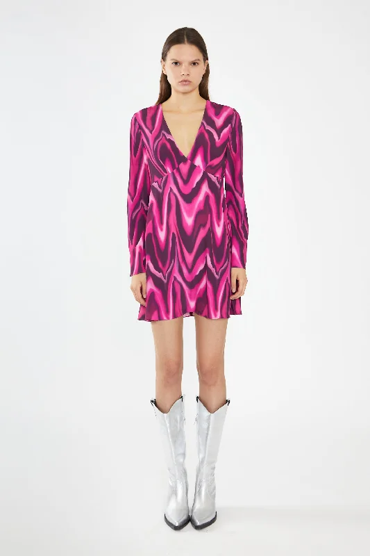 Flare dresses with lace details for a feminine touch -Pink Multi-Blurred Wave Flared Sleeve Mini-Dress Flare dresses with lace details for a feminine touch -Pink Multi-Blurred Wave Flared Sleeve Mini-Dress