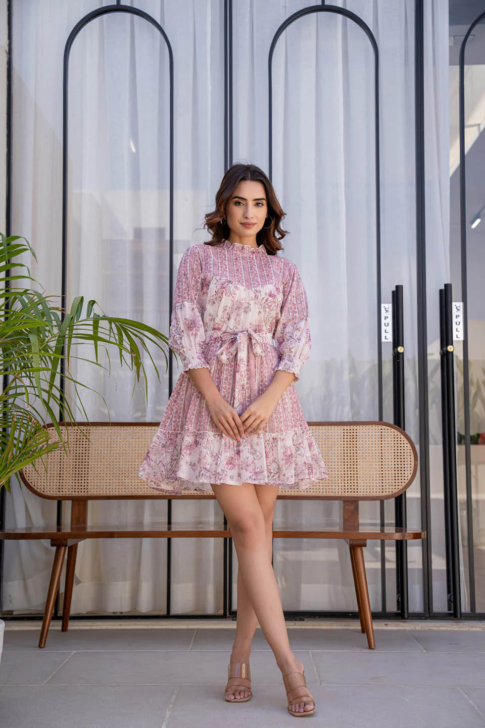 Flare dresses with tiered skirts for added volume -WOMEN'S PINK & GREY THE FLOWERY FLARE SHORT DRESS Flare dresses with tiered skirts for added volume -WOMEN'S PINK & GREY THE FLOWERY FLARE SHORT DRESS