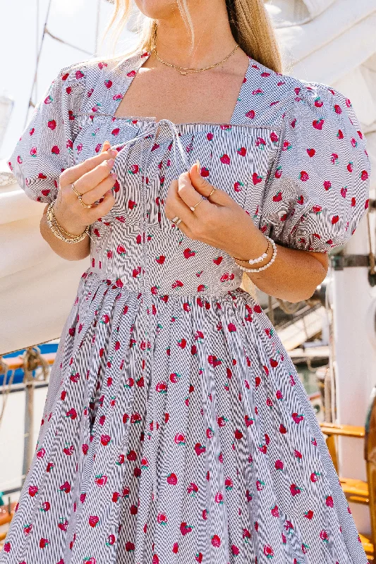 Midi-length flare dresses for a modest look -Thea Dress in Strawberry