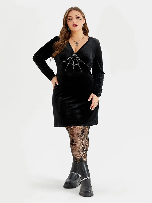 Bodycon dresses fashion trends-Halloween Spider Web Rhinestone Velvet Bodycon Dress