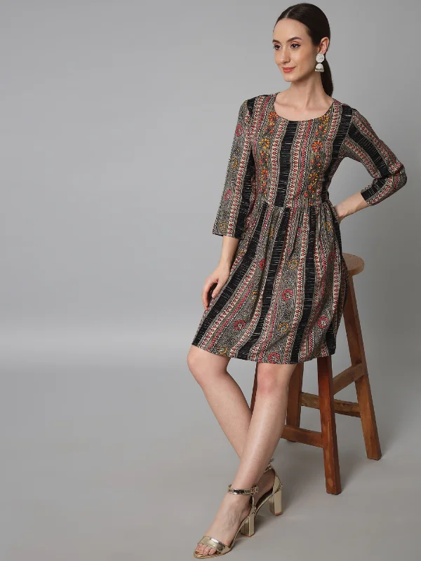 Flare dresses with buttoned cuffs for a refined touch -Womens Black Rayon Flared Short Dress Flare dresses with buttoned cuffs for a refined touch -Womens Black Rayon Flared Short Dress