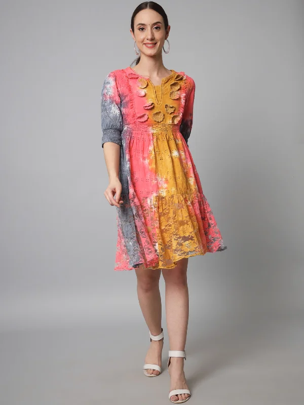 Flare dresses with removable belts for versatile styling -Womens Multicolor Schiffli Flared Tiered Short Dress Flare dresses with removable belts for versatile styling -Womens Multicolor Schiffli Flared Tiered Short Dress