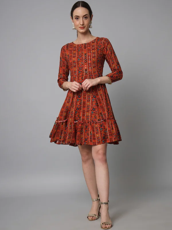 Flare dresses with padded shoulders for a structured look -Womens Red Rayon Flared Short Dress Flare dresses with padded shoulders for a structured look -Womens Red Rayon Flared Short Dress