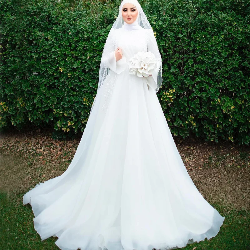 Flare dresses with scalloped edges for a delicate touch -2024 Wedding Dresses for Bride High Neck Long Flare Sleeve Sweep Train Soft Organza Appliques Beading Garden Muslim Bridal Gowns Flare dresses with scalloped edges for a delicate touch -2024 Wedding Dresses for Bride High Neck Long Flare Sleeve Sweep Train Soft Organza Appliques Beading Garden Muslim Bridal Gowns