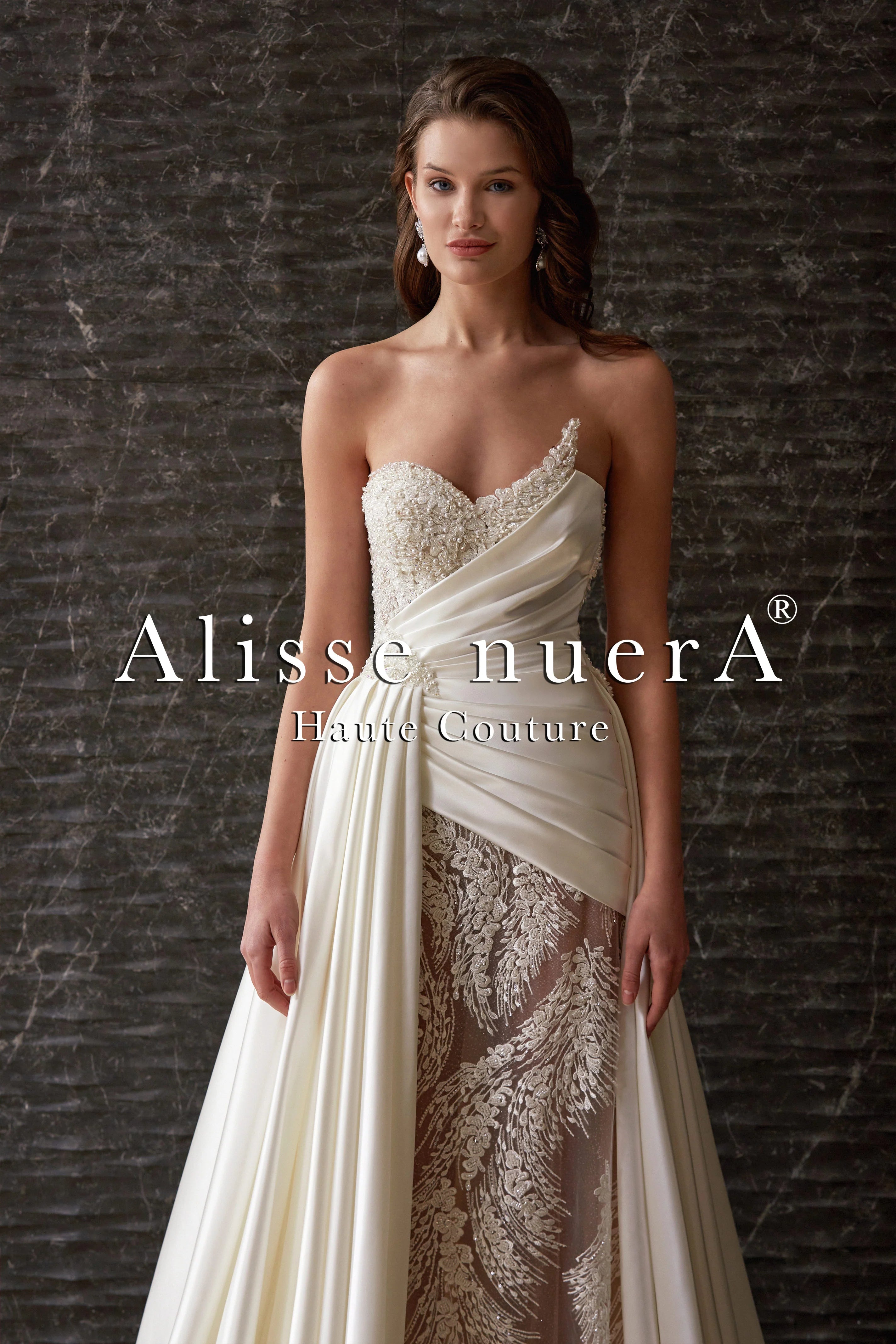 Flare dresses with cap sleeves for a modest style -Asymmetrical Cut Draped Wedding Dress Transparent Lace Fit & Flare