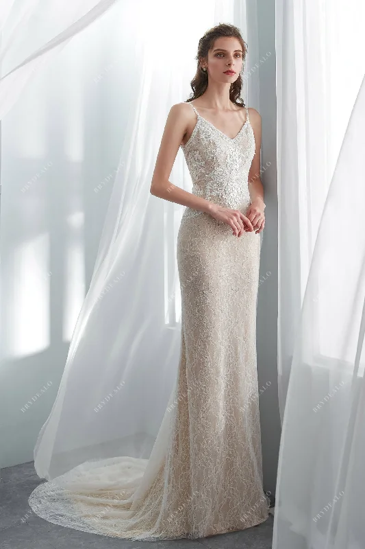 Flare dresses with geometric prints for a contemporary look -Boho Beaded Lace Champagne Fit and Flare Bridal Gown