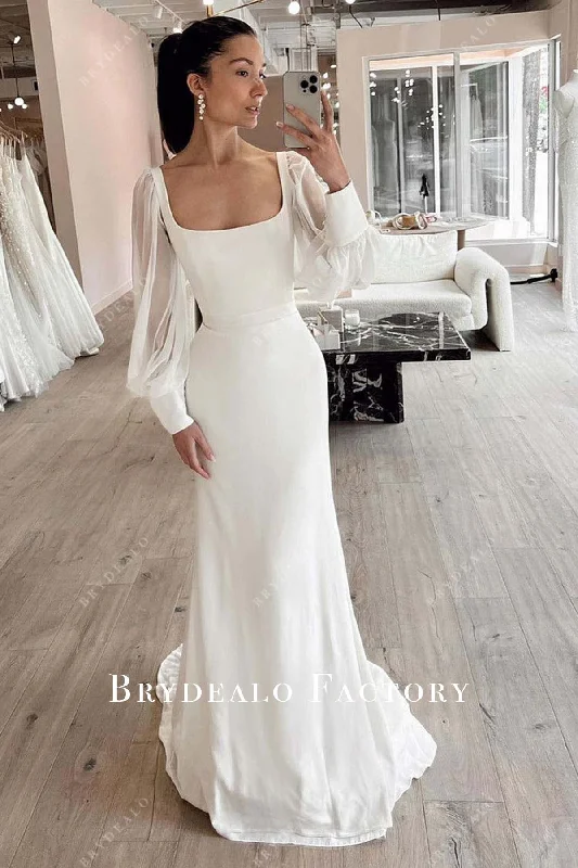 Flare dresses with V-necklines for a slimming effect -Sheer Bishop Sleeve Square Neck Fit and Flare Wedding Dress Flare dresses with V-necklines for a slimming effect -Sheer Bishop Sleeve Square Neck Fit and Flare Wedding Dress