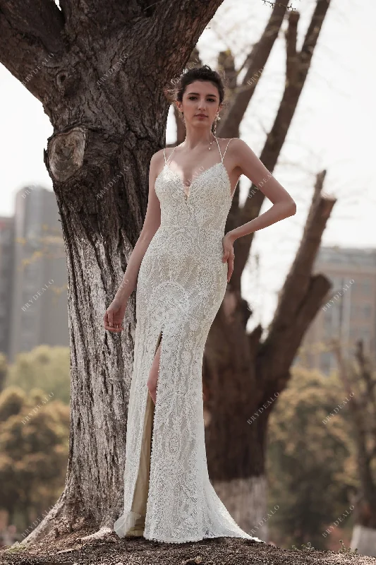 Flare dresses with plaid designs for a cozy feel -Boho Lace Halter Straps Slit Fit & Flare Wedding Dress Flare dresses with plaid designs for a cozy feel -Boho Lace Halter Straps Slit Fit & Flare Wedding Dress