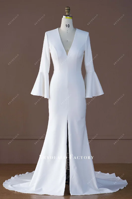 Summer flare dresses with breathable fabrics -Elegant Ivory Crepe Mermaid Bridal Dress with Flared Sleeves Summer flare dresses with breathable fabrics -Elegant Ivory Crepe Mermaid Bridal Dress with Flared Sleeves