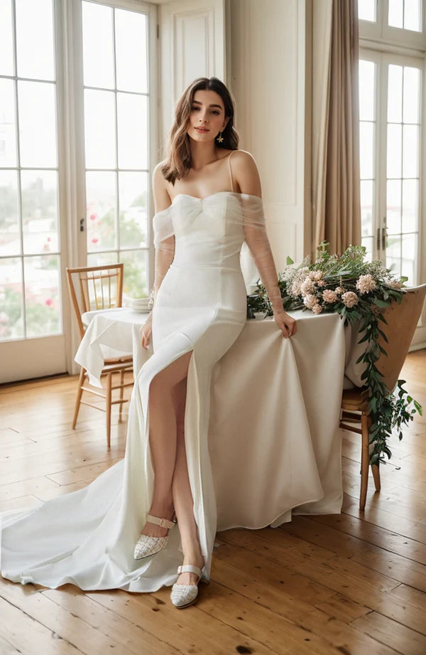 Flare dresses with built-in bras for added support -Elegant off-the-shoulder tulle long sleeves stretchy fit and flare Satin wedding dress Flare dresses with built-in bras for added support -Elegant off-the-shoulder tulle long sleeves stretchy fit and flare Satin wedding dress