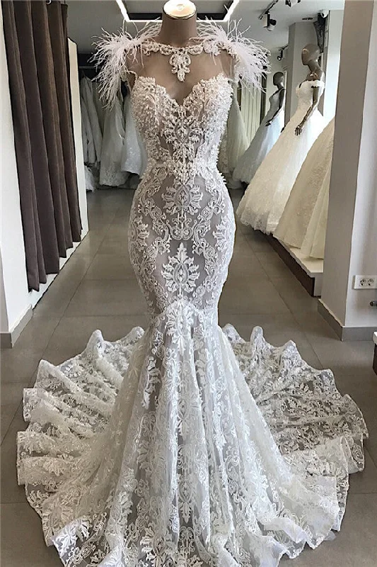Flare dresses with pleated skirts for added texture -Fit and Flare Lace Crystals Necklace Wedding Dresses Open Back Bridal Gowns with Feather Flare dresses with pleated skirts for added texture -Fit and Flare Lace Crystals Necklace Wedding Dresses Open Back Bridal Gowns with Feather