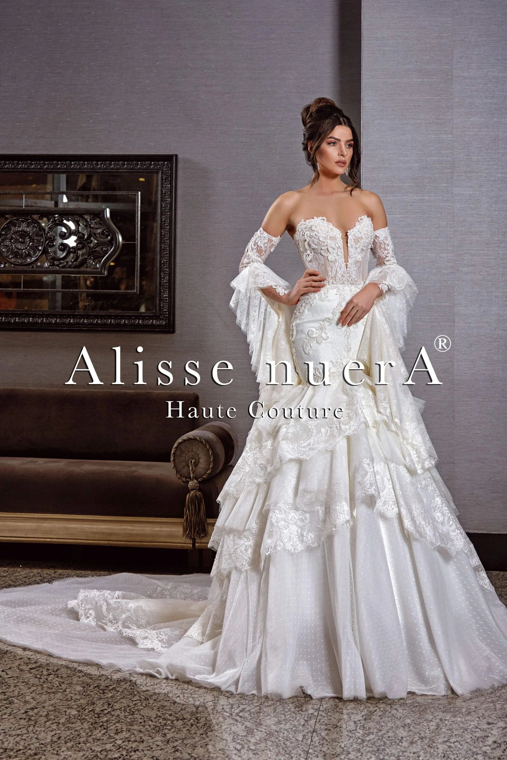 Flare dresses with sleeveless designs for summer comfort -Flamenco Wedding Gown with Layered Trumpet Skirt and Detachable Layered Flare Sleeves