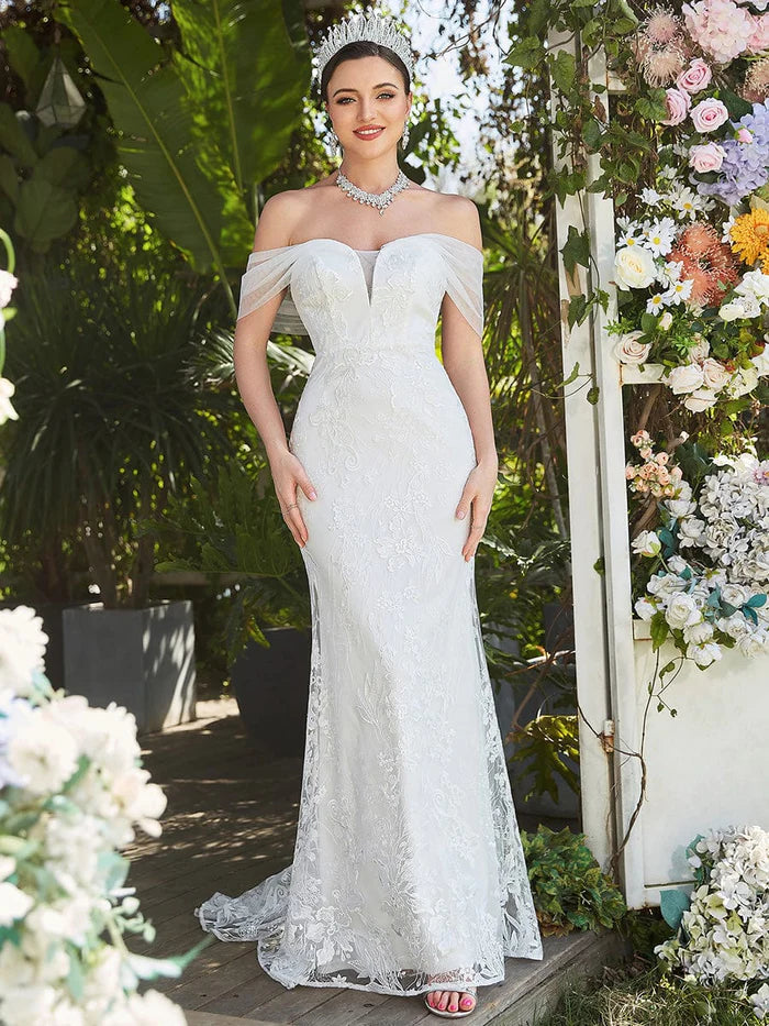 Flare dresses with chiffon overlays for a light and airy look -Floral Lace Off-Shoulder Fit and Flare Wedding Dress Flare dresses with chiffon overlays for a light and airy look -Floral Lace Off-Shoulder Fit and Flare Wedding Dress
