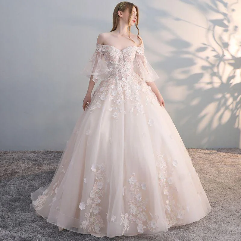 Flare dresses with back zippers for easy wear -Flower Pattern Off-shoulder Mesh Flare Sleeve Floor Length Wedding Gown Flare dresses with back zippers for easy wear -Flower Pattern Off-shoulder Mesh Flare Sleeve Floor Length Wedding Gown