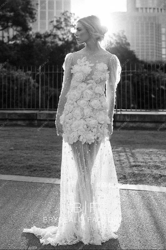Flare dresses with gingham checks for a classic appearance -Designer Flowers Pearls Long Sleeve Beach Fit and Flare Bridal Dress Flare dresses with gingham checks for a classic appearance -Designer Flowers Pearls Long Sleeve Beach Fit and Flare Bridal Dress